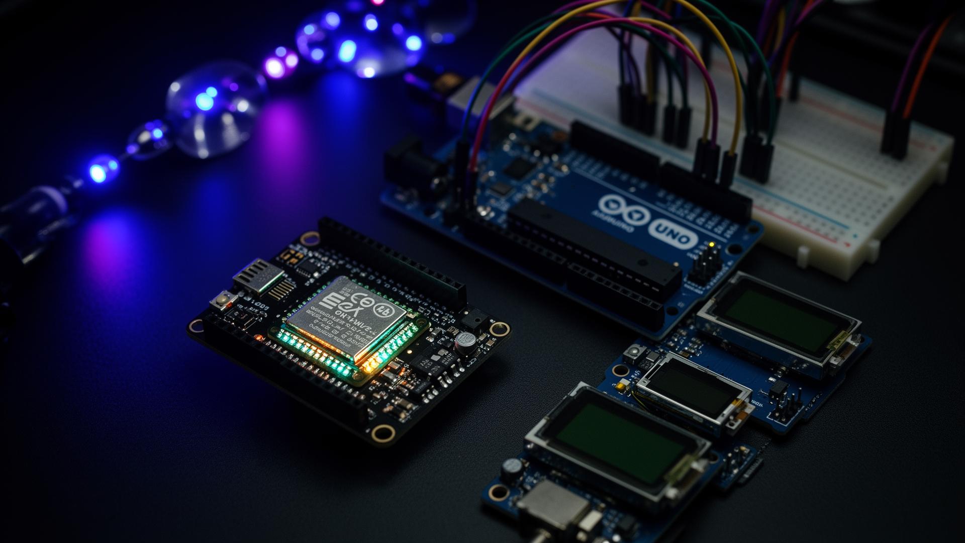 ESP32 and Arduino on a workbench surrounded by glowing LEDs